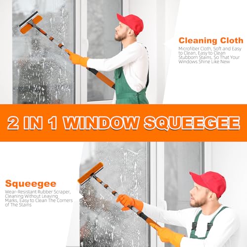 Image of SISUPASSIE 30FT Reach 2-in-1 Window Squeegee, Professional Window Washing Kit with 5-24FT Extension Pole for Home, Indoor Outdoor Squeegee with Rotatable Head for High Windows