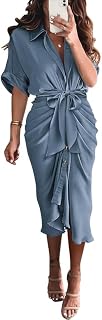Women Button Down Ruched Shirt Dresses Satin Short Sleeve Lapel V Neck Summer Maxi Dress 2025 Party Wedding Guest