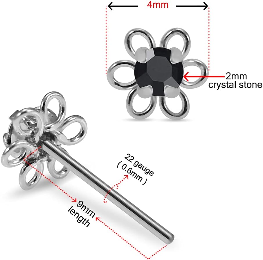 20 Pieces Box Set Filigree Flower with Crystal Stone Design 22 Gauge 925 Sterling Silver Nose Pin - Nose Stud - Tiny Nose Ring - Nose Piercing Body Jewelry