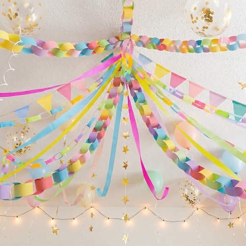 ForraFun 313 Pcs Macaron Fancy Party Decorations Pastel Burlap Pennant Banner Flags Crepe Paper Streamers Glitter Star Garland Bright Paper Chain Strips for Birthday Spring Easter Wedding Carnival
