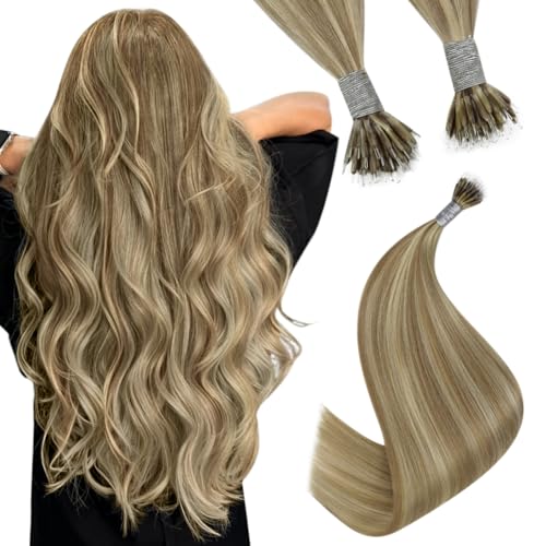 YoungSee Nano Hair Extensions Real Human Hair 24inch Nano Beads Hair Extensions Highlight Light Brown and Platinum Blonde Nano Ring Extensions for Salon Lightweight 50s Cold Fusion 50g Long Straight