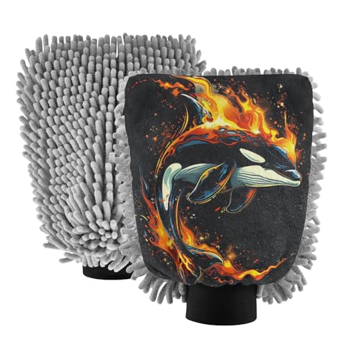 ALAZA Killer Whale Flame Car Wash Mitt Scratch Free, 2 Pack Absorbent Microfiber/Chenille Washing & Drying Mitts, L