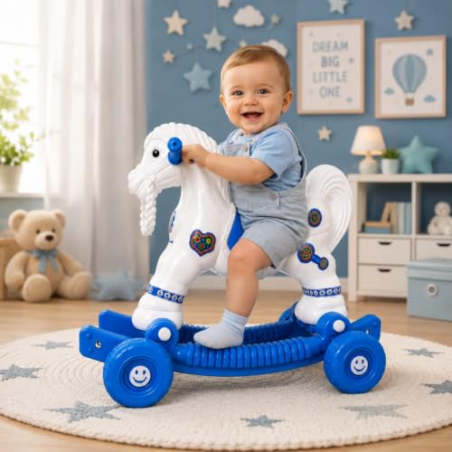Image of AGHOR II Baby Horse Rocker Ride-On Toy for Kids c, White & Blue
