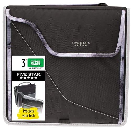 Five Star Zipper Binder, 3 Inch 3-Ring Binder with D Rings, Removable Padded Case, 5-Tab Expanding File and Multi-Use Strap, 850 Sheet Capacity, Black/Gray (29296IT8) by Five Star - Used condition - US$24.16