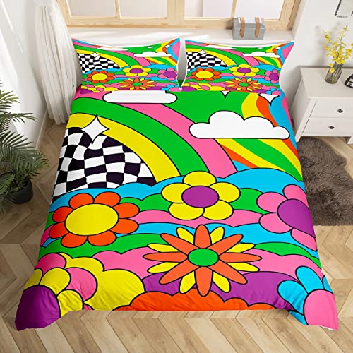 Groovy Flower Set di biancheria da letto retrò floreale Boho copripiumino per bambini bambini adolescenti anni '70 anni hippie fiori bohémien trapunta arcobaleno copriletto decorazione camera da