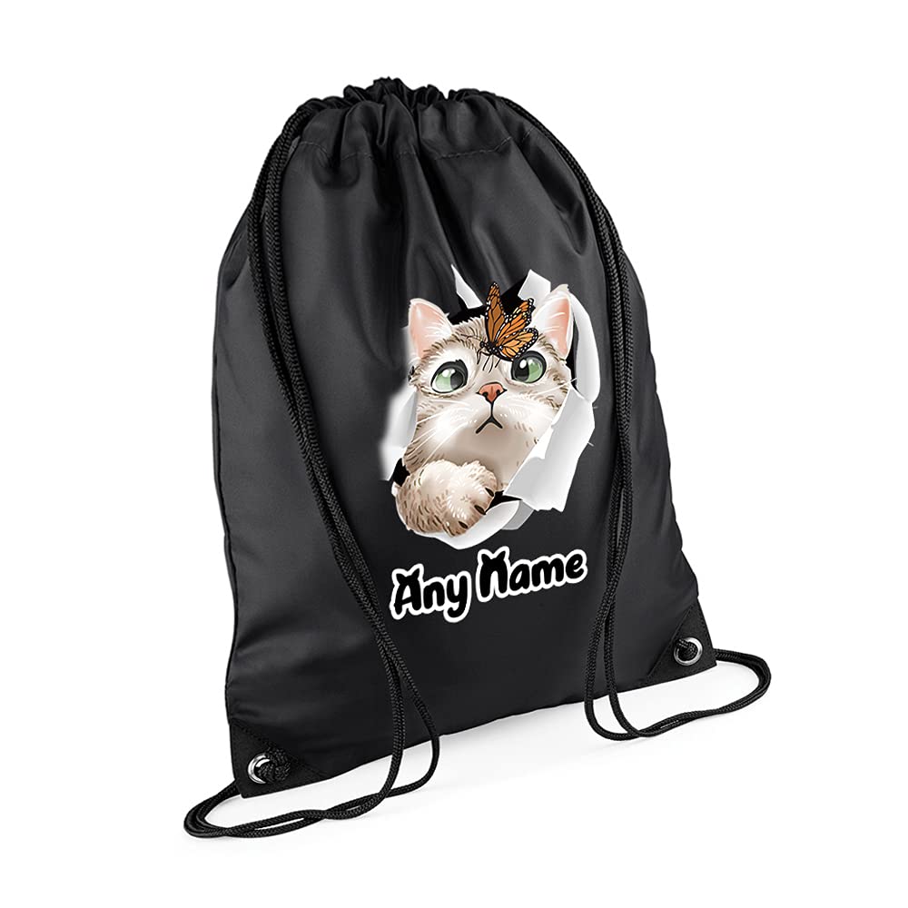 Personalised Butterfly on Cat face Hidden Cat Funny Kitten Cat Birthday Gift Drawstring Bag, PE Gym Kit, Swimming Rucksack. (Black Front)