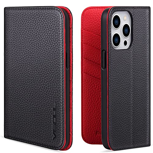 VISOUL Pebbled - Funda de piel auténtica para iPhone 14 Pro Max con tarjetero para hombres y mujeres, funda magnética con tapa con soporte de bloqueo RFID para iPhone 14 Pro Max (6.7 pulgadas)