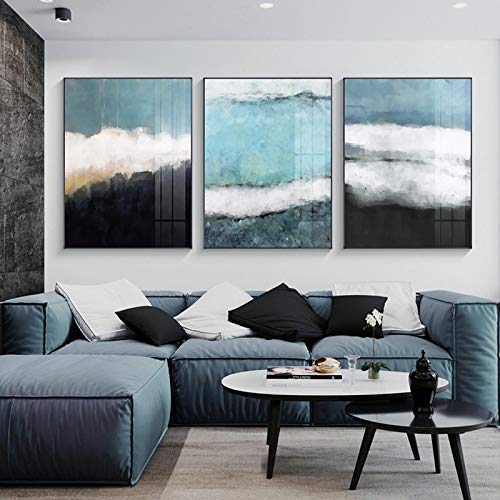 Art mural abstrait bleu et noir : triptyque moderne de paysages marins sur toile 60x90cm x3