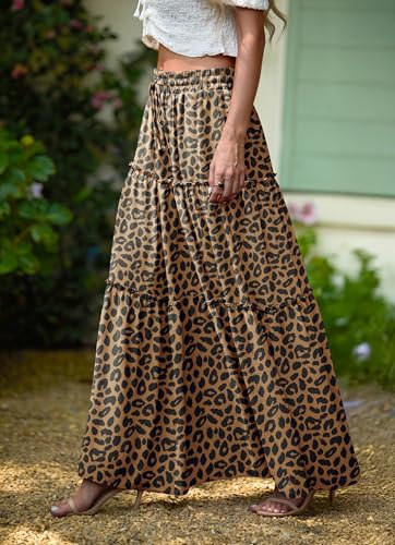 Image of Lepunuo Womens Casual Boho High Waisted Flowy Maxi Skirts Tiered Floral Long Skirts with Pockets for Summer Beach Vacation