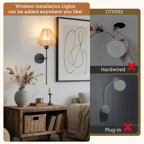 Image of Battery Operated Wall Sconces Set of 2, Rattan Rechargeable Wall Light Dimmable with Remote Control, 15 Color Changing and Timer, 24 inch Boho Black Gold Wall Lamps for Bedroom,Living Room