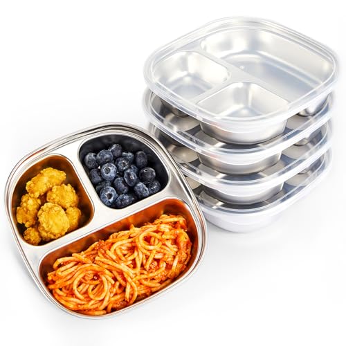 MIMORE Stainless Steel Kids Plates - 5 Pack Toddler Plates with Lids - Non Toxic & Divided (Stainless Steel)