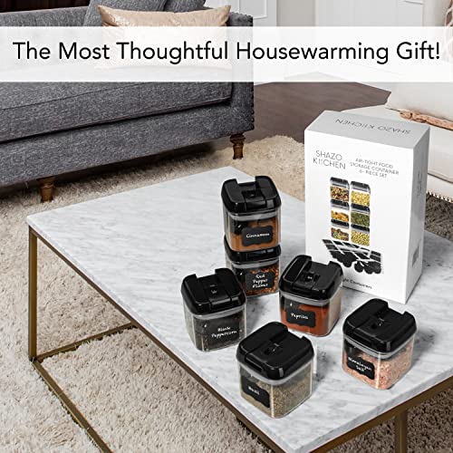 Shazo Airtight 6 Pc Mini Container Set + 6 Spoons, Labels & Marker - Durable Clear Plastic Food Storage Containers With Lids - Kitchen Cabinet Pantry Containers For Spices, Herbs, Coffee, Tea Etc #TOP7