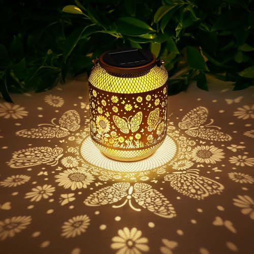 Image of 2 Pack Solar Lanterns Outdoor Waterproof Butterfly Garden Decor Birthday Gifts for Women Mom Grandma Hanging Solar Lights Metal Decoration Outside for Yard, Patio, Backyard, Porch, Pathway