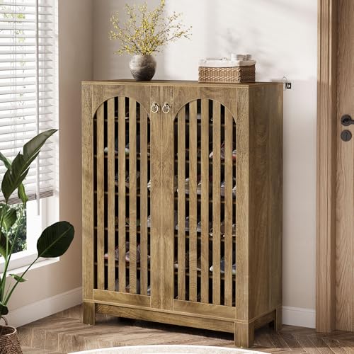 Image of Tribesigns Shoe Cabinet Set of 2, Wood Shoe Organizer Cabinet with Doors & Adjustable Shelves, Shoe Storage Rack for Entryway, Living Room