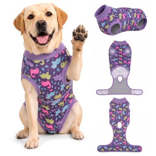 Image of PetWarm Post Neuter Surgery Suit for Dogs, Dog Coat's Inner Clothes, Substitute E-Collar and Cone, Dog Onesies Pet Surgery Recovery Suit for Dogs, Dinosaur Pattern, Purple, XL