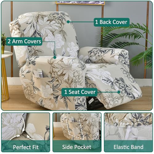 NILUOH Stretch Recliner Cover 4 Pieces Printed Lazy Boy Chair Covers Floral Patterned Recliner Sofa Slipcover Anti-Slip Fitted Furniture Protector with Elastic Bottom, A3 - Image 3