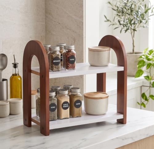 Image of 2 Tier Wooden Kitchen Counter Organizer Rack | Multipurpose Countertop Shelf for, OTG, Coffee Maker, Spice Jars & Kitchen Storage | Space Saving Stand | Brown & White | 12 x 10 Inch