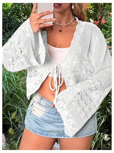 Image of Floerns Women's Plus Size V Neck Long Flounce Sleeve Tie Front Knit Crop Cardigan