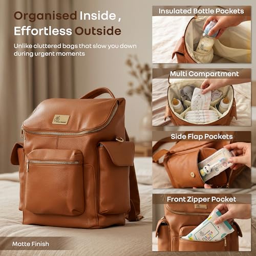 Image of R for Rabbit Caramello Bold Neo Diaper Bag for Moms, Vegan Leather Baby Bag with Insulated Bottle Pockets, Multi-Compartment Maternity Backpack, Stylish Travel Bag Upto 39 Litre Capacity (Tan Brown)
