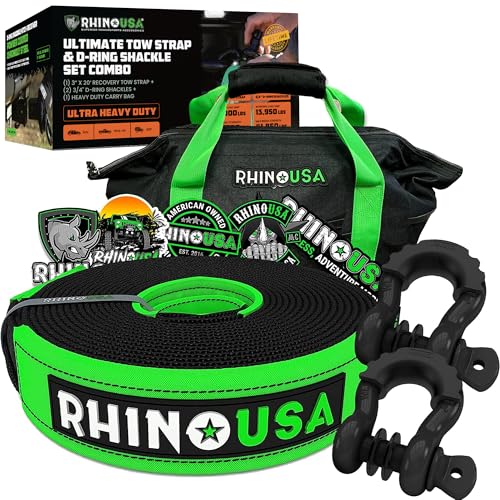 Rhino USA Heavy-Duty Recovery Gear Combos Off-Road Truck Vehicle Recovery Best Offroad Towing Accessories - Backed for Life (20 Strap + Shackles)