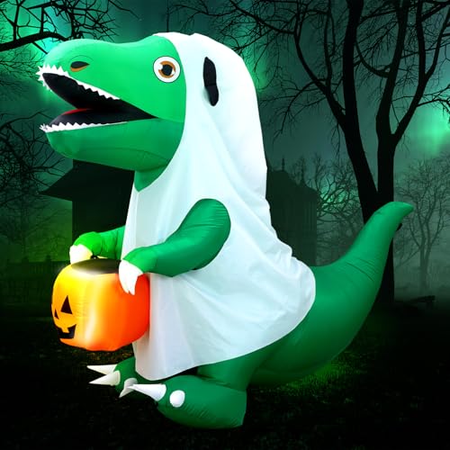 RoundFunny 6 FT Halloween Inflatables Dinosaur Outdoor Decorations Ghost Dinosaur with Pumpkin Inflatables Decoration with Built in LEDs for Halloween Party Yard Lawn Garden Decor