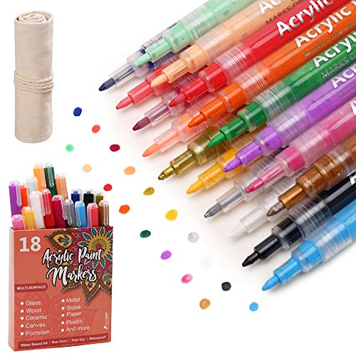 A AM SeaBlue Acrylstifte Marker Stifte Set,18 Farben Acrylfarbstifte Wasserfest Markers Stifte mit Dünner Spitze,Acrylic Pens Marker für Kinder Erwachsene DIY Design Schule Manga Kunstler Glas(0,7mm)