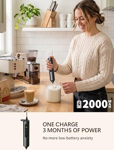 Image of Rechargeable Milk Frother Hanheld 3 Speed, Frother Wand Drink Mixer Handheld Coffee Stirrers Electric Frother for Coffee Mixer Wand with 3 Whisk frother for protein powder-Black