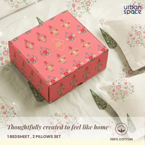 Image of Urban Space Festive Gifting Set- 100% Cotton Bedsheet for Double Bed, Floral Bed Sheet with 2 Pillow Covers Gift Set in Gift Box, 88 x 100 Inches, Kings Bloom I | Diwali, Festive & Housewarming Gift
