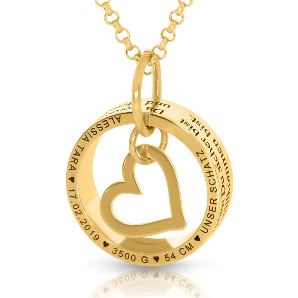 Namenskette Gold Ring mit Namen Kette Herz Familienkette 925 Silber Herzanhänger Halskette Mutter Geburt Geschenk Baby personalisiert