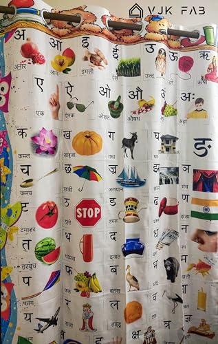 Image of 3D Printed Hindi Albhabets Design Curtains for Kids Room, School, Kids Care Home, Window, Door 4x7 feet Long Set of 2 Pc