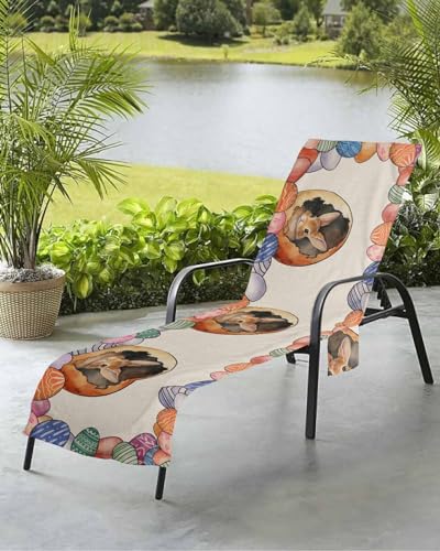 Easter Beach Chair Towel Covers for Chaise Lounge With Side Pocket, Soft Plush Pool Towels Cover for Patio Sunbathing Outdoor 29''x85'' Farmhouse Watercolor Bunny Eggs Spring Holiday