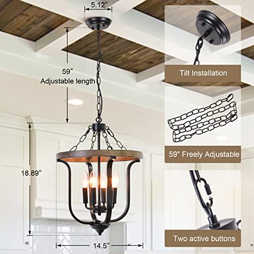 Cwarmozy Farmhouse 4-Light Cage Chandelier 14.5" Black Metal And Faux Wood Rustic Chandelier For Dining Room Adjustable Pendant Light Fixture For Kitchen Island Entryway Foyer Bedroom Hallway #TOP2
