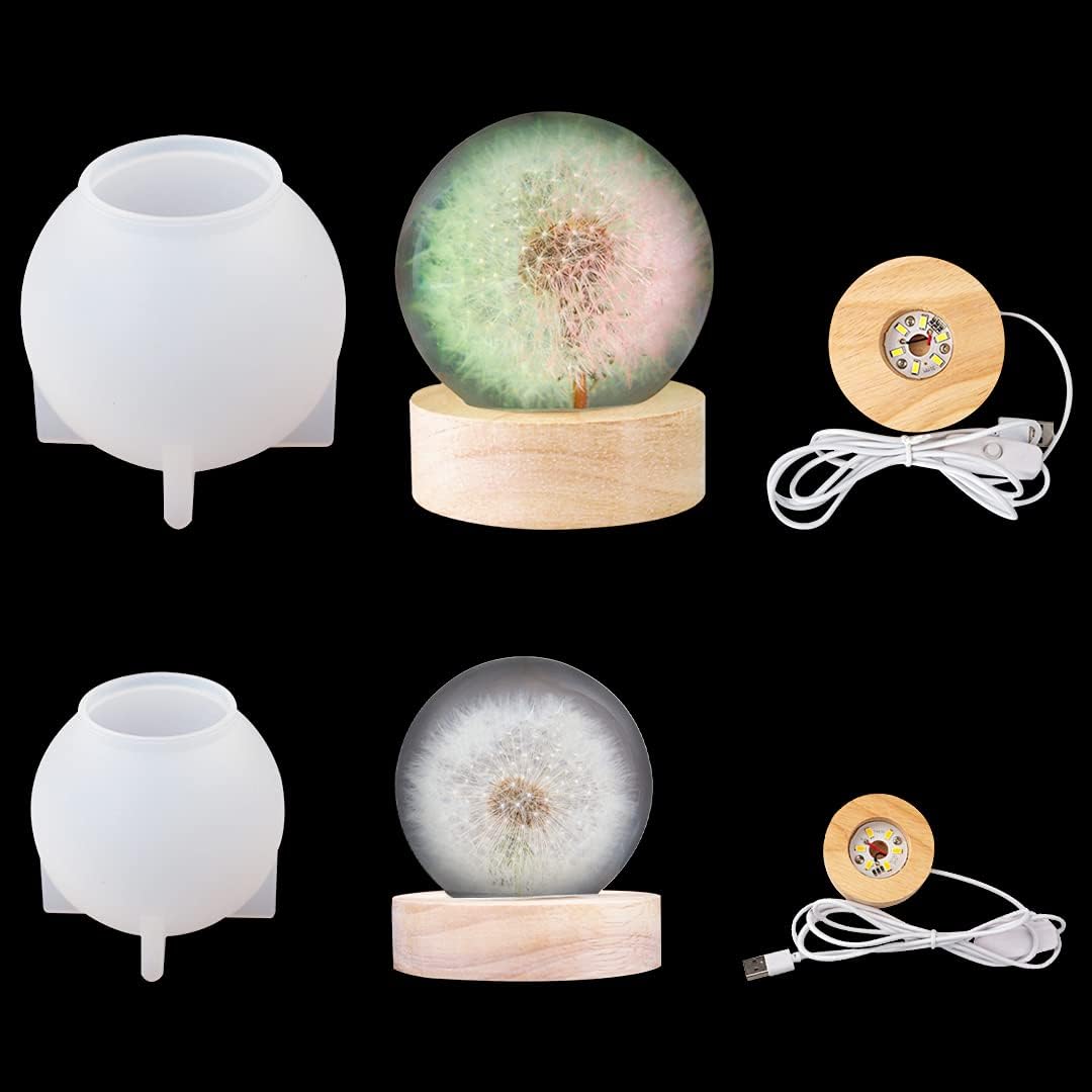 Zayookey Crystal Ball Resin Molds LED Sphere Silicone Mold Round Light Molds for Resin Casting Mouldwith 2 Dandelions 2 USB Wooden Base (Cool White)