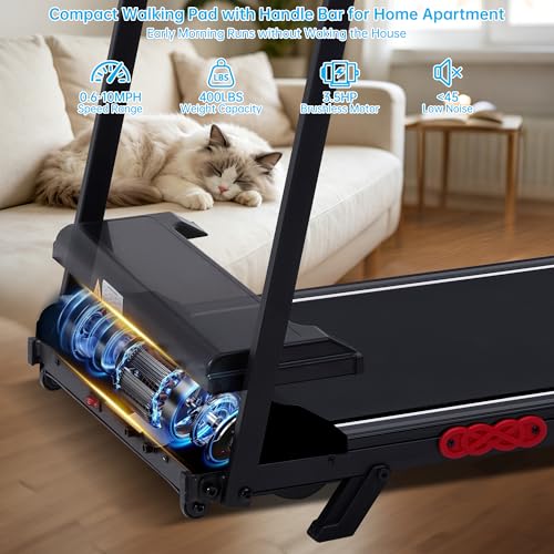 Image of Electric Treadmills for Home Exercising, 0.6-10MPH Portable Treadmills for Home Small Spaces, 3.5HP Mini Treadmills with Handles, 400LB Walking Pad Treadmill with Handle Bar and Incline