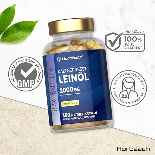 Leinöl Kapseln 2000mg | Omega 3 6 9 | 1000mg pro Kapseln | 6 Monate Vorrat - 360 Hochdosiert Weichkapseln | Kaltgepresstes Softgels | Linseed Oil Capsules | by Horbaach