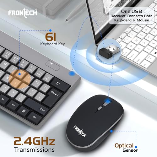 Image of Frontech 61-Key Ultra-Compact Wireless Rechargeable Keyboard & Mouse Combo - 2.4 GHz Nano Receiver, 1600 DPI Precision, Plug-and-Play (KB-0032)