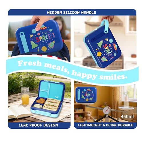 Image of Kids Bento Lunch Box for Boys & Girls - 4-Compartment Leak-Proof Lunch Container with Hidden Silicone Handle, Lightweight, BPA-Free, 855ml for School & Travel (Space)