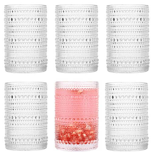 Image of Dingerjar Hobnail Drinking Glasses set of 6(13 oz) Hobnail Water KItchen Glassware, Embossed Vintage Juice Glasses Tall Bar Drinkware