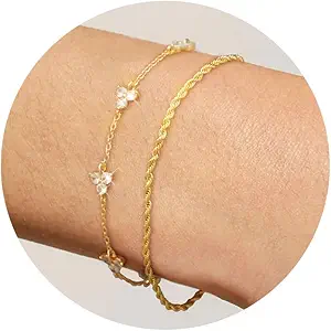 Bracelet for Women - Dainty Stack Bracelets Trendy Adjustable 14K Gold Plated Thin Paperclip Bead Box Satellite Figaro Cuban Link Chain Bracelet Set for Women Waterproof Jewelry Gift