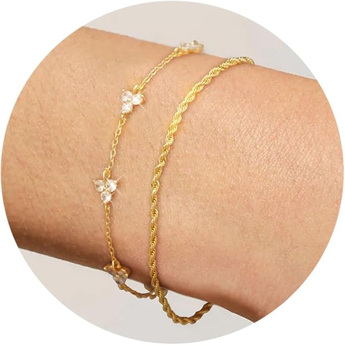 Bracelet for Women - Dainty Stack Bracelets Trendy Adjustable 14K Gold Plated Thin Paperclip Bead Box Satellite Figaro Cuban Link Chain Bracelet Set for Women Waterproof Jewelry Gift