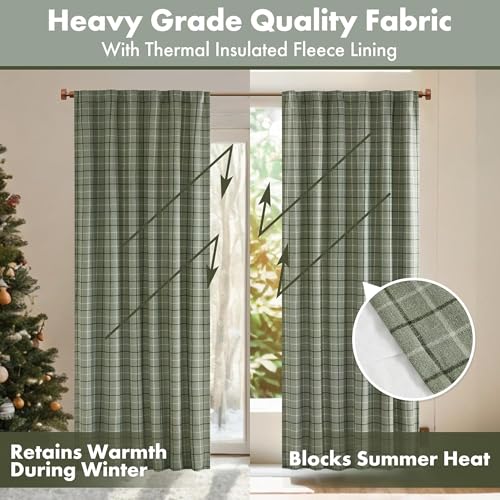 Image of Madison Park Anaheim Cabin Plaid Curtain Window, Thermal Insulated Fleece Lining, Living Room Decor Room Darkening Drape for Bedroom,50 inch Wx95 L, Rod Pocket&Back Tab,Green (Pack of 4)