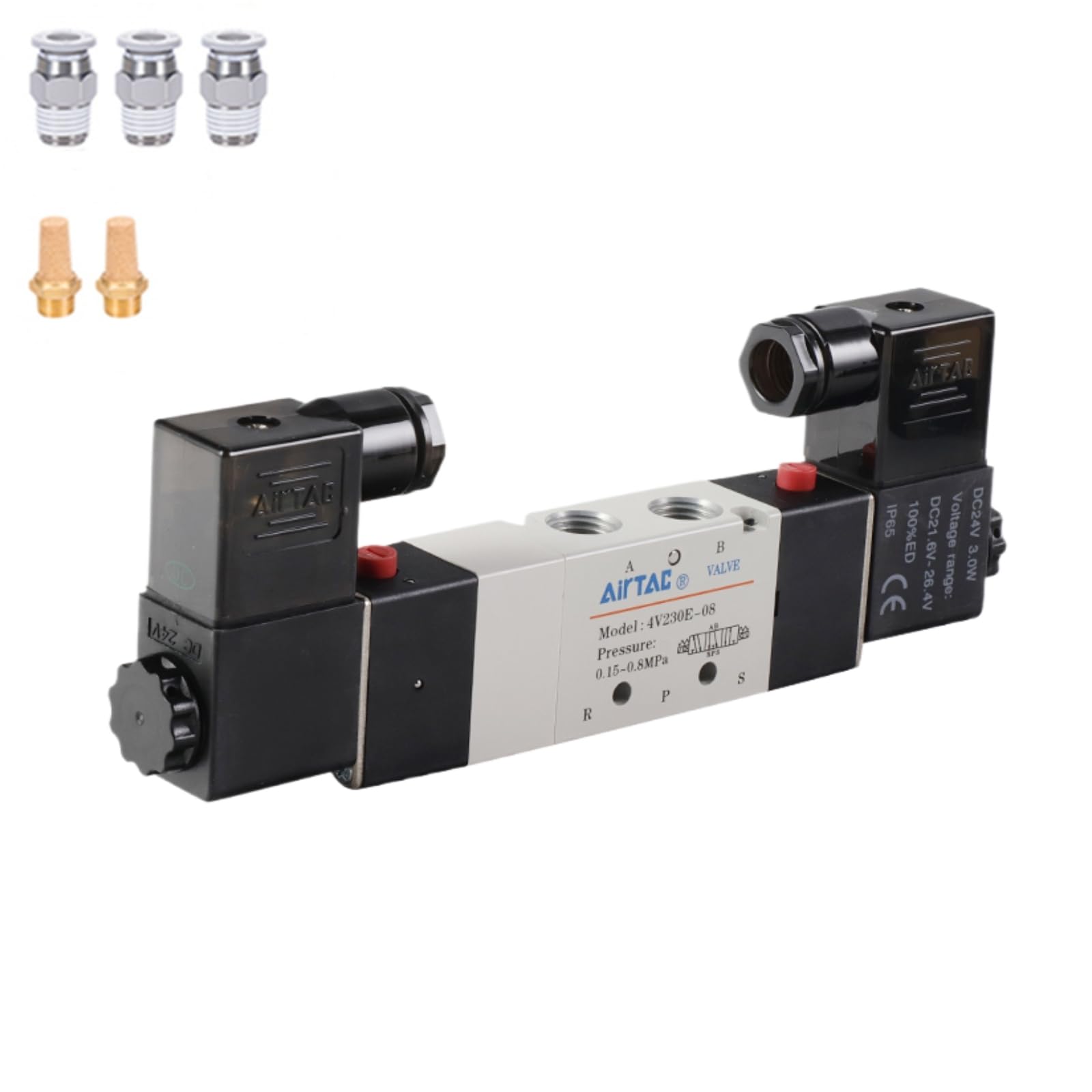 Photo 1 of Solenoid Valve AirTAC 4V230E-08 DC24V 1/4"PT Double Solenoid 5/3 Way Exhaust Center Air Pneumatic Internal Pilot 21-114 PSI 5 Port 3 Position Have Memory Function.