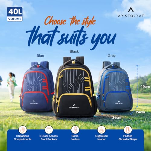 Image of Aristocrat Circuit Casual Backpack 40L | 3 Compartments with Quick-Access Front Pocket | Padded Shoulder Straps & Side Bottle Holders | Office & Travel Backpack for Men & Women
