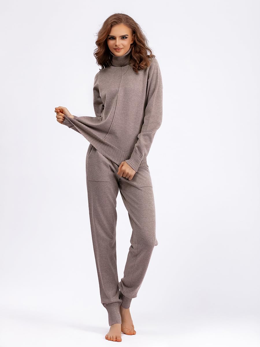 Completo Due Pezzi Da Donna Autunno, Maglione A Coste con Collo Alto Nero, Pantaloni Da Jogging Elastico In Vita E Tasche, Coordinati Per Abbigliamento Casual Invernale, Caldo E Attillato