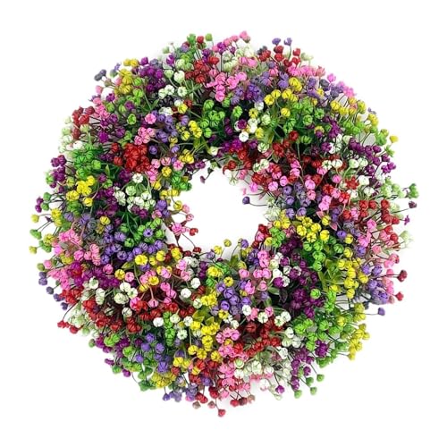 VORAE 40cm Spring Wreath, Artificial Summer Door Wreath, Colorful Gypsophila Wreath for Door, Wall, Window, Multi-Occasion, Pink, Purple, Yellow, Plastic