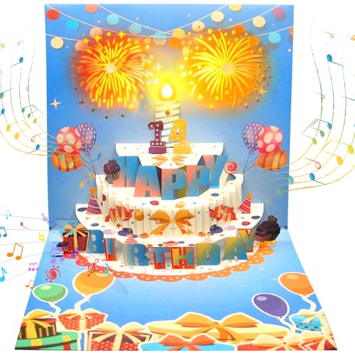 YESLUSY Biglietto Auguri Compleanno, Biglietto d'età con Musica, Luci e Numeri, Pop Up Biglietto d'auguri con Fuochi d'artificio 3D, Regalo di Compleanno per Bambini, Donne, Uomini (Azzurro)