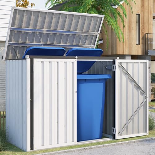 YODOLLA Cache Poubelle Exterieur en Métal, Abri pour 2 Poubelles 240L, Rangement Exterieur pour Outils,Vélo Enfant,150 x 80 x 117.6cm(Blanc)