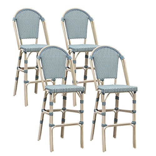 Image of PURPLE LEAF French Bar Stool Set of 4 White Print Finish Patio Bar Stools with Back Rattan Bar Chairs Wicker Bar Height Stool 30 inch with Footrest Kitchen Island Stools Outdoor Barstool Light Blue