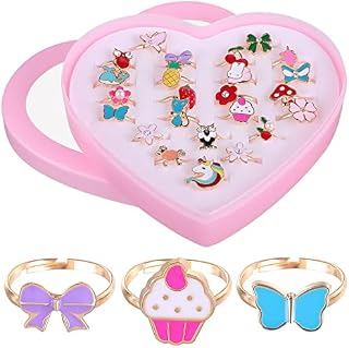 Toddmomy 24pcs Little Girl Adjustable Rings with Box,Children Jewelry Rings Set Girl Pretend Play Rings and Dress up Rings for Kids Birthday