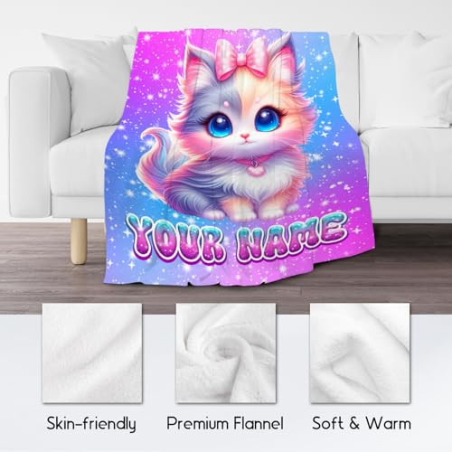 Girls Blanket Gifts - Customize Blanket with Cat for Cat Lovers - Comfy Cozy Flannel Throws for Couch, Office 4 Sizes